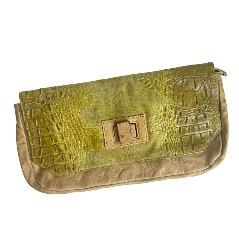 L.A.M.B. Embossed Leather Suede Clutch Bag Yellow Tan Lime Green Y2K